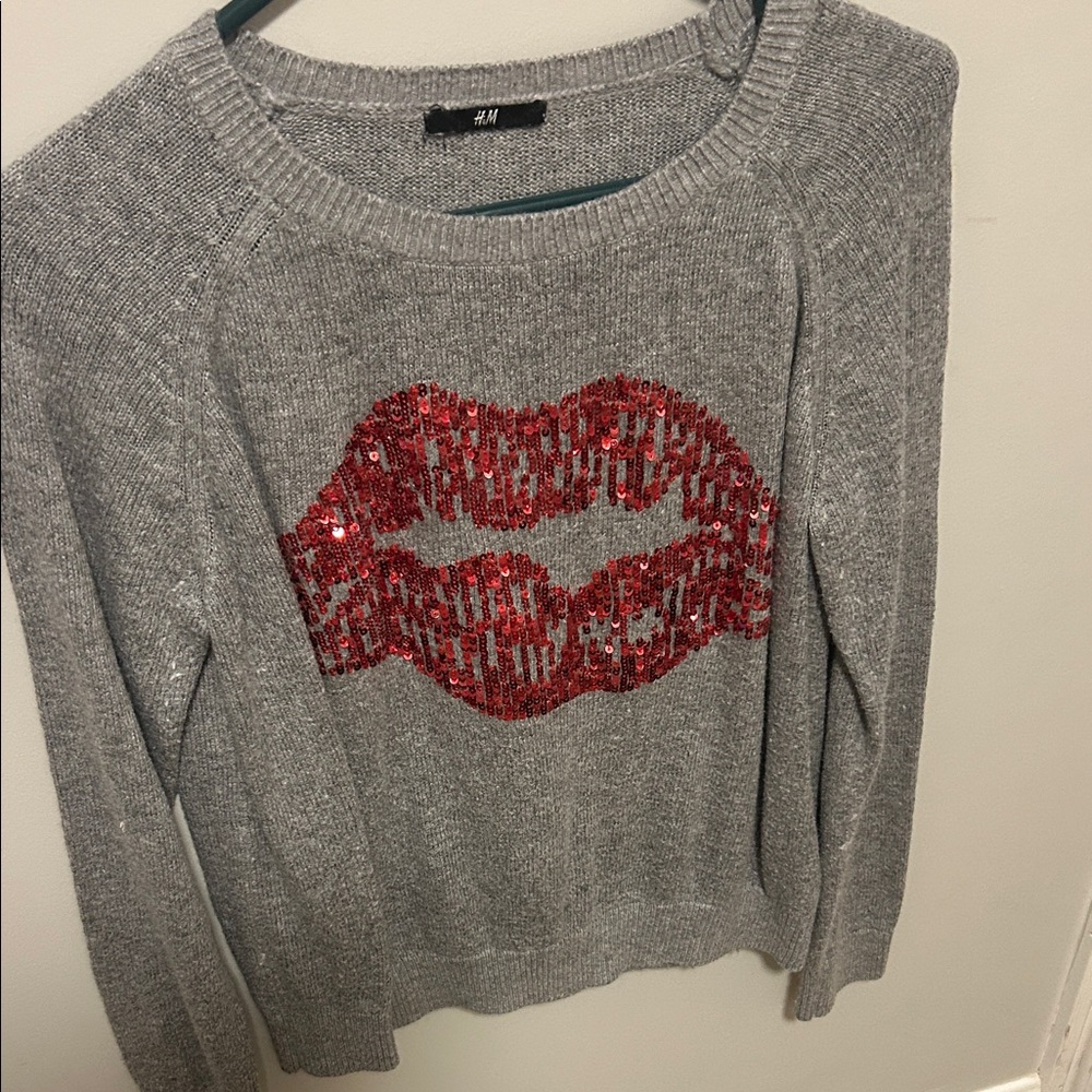 H&M Gray Sweater with Red Sequin Lips Design